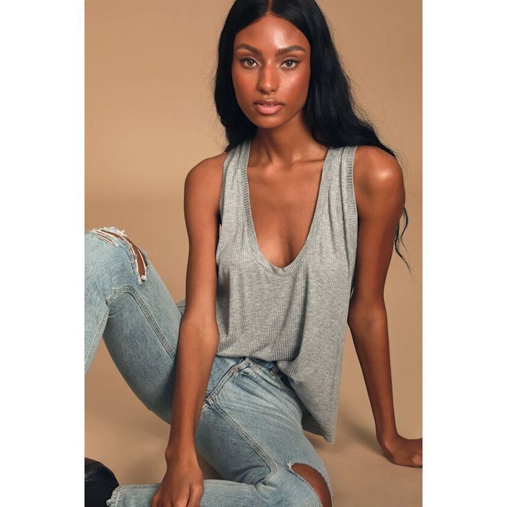 Lulus Natural State Heather Grey Ribbed Tank Top - Size S